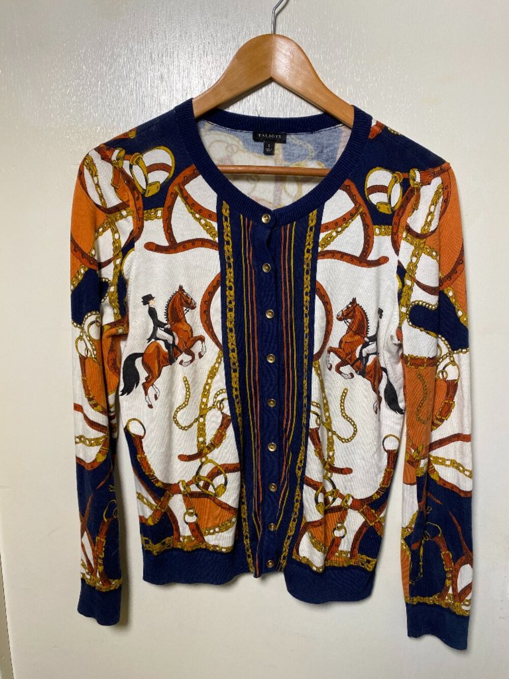 Talbots Equestrian Horse Rider Chain Print Cardigan Sweater Small Preppy